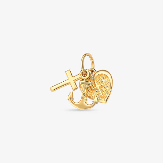 Pingente Patuá com Cruz, Âncora e Coração em Ouro Amarelo 18K