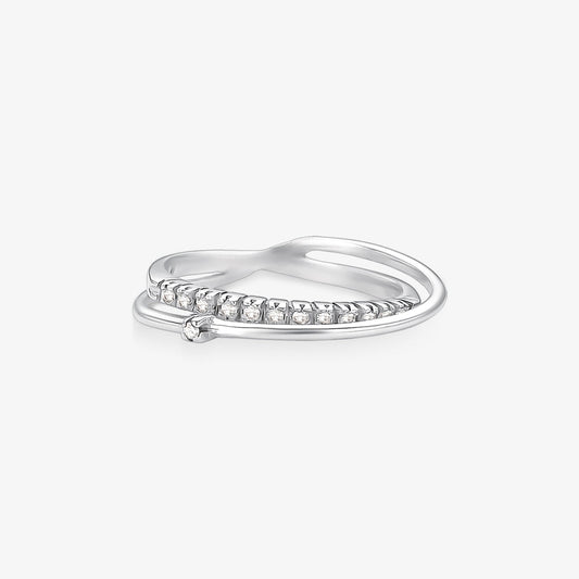 Anel Sol Duplo Solitário com Meia Aliança e Diamantes em Ouro Branco 18K