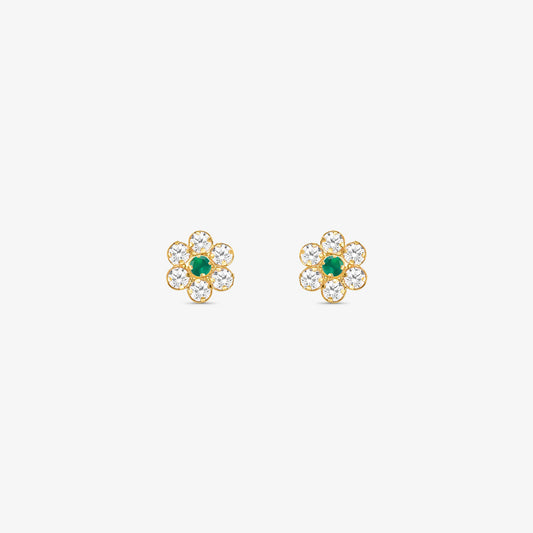 Brinco Flor com Pedras Verde em Ouro Amarelo 18K