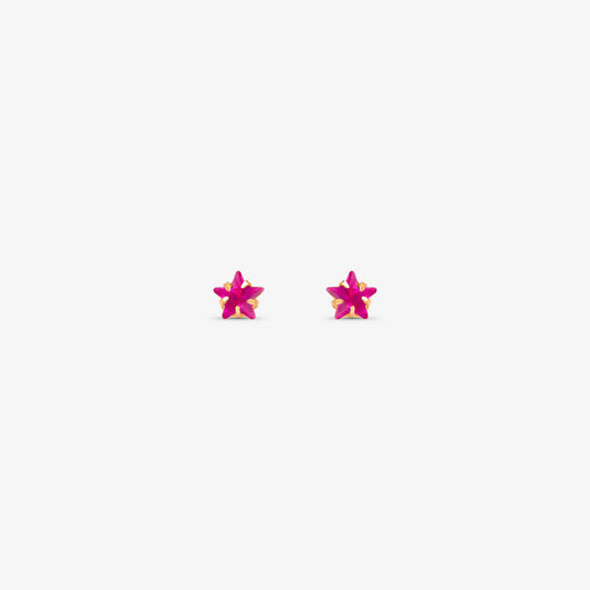 Brinco Baby Estrela com Pedra Rosa Pink em Ouro Amarelo 18K