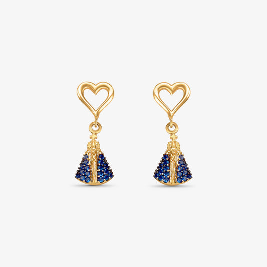 Brinco Coração com N.Sra Aparecida e Pedras em Ouro Amarelo 18K