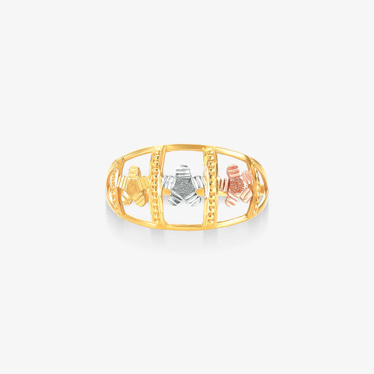 Anel Estamparia Vazado Flor Tricolor em Ouro Amarelo 18K