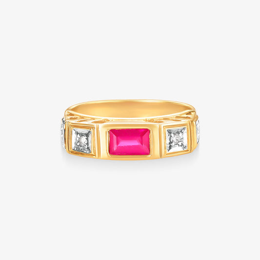 Anel Rei com Diamante e Rubi Natural em Ouro Amarelo 18K