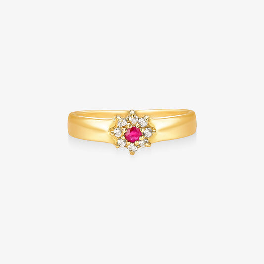 Anel Radiante com Diamantes e Rubi Natural em Ouro Amarelo 18K
