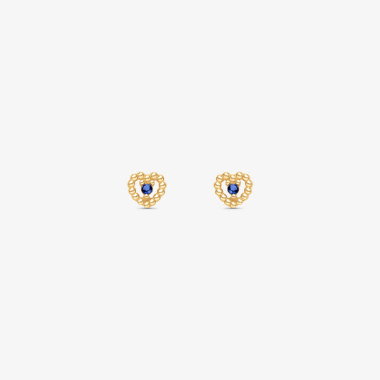 Brinco Baby Coração com Pedras Azul em Ouro Amarelo 18K