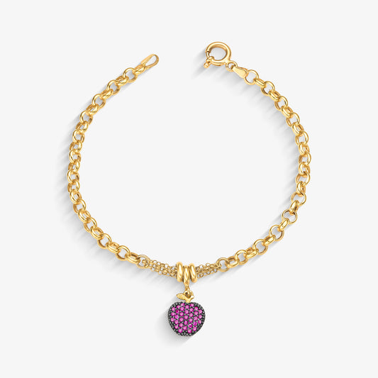 Pulseira Elo Português Maçã com Pedras em Ouro Amarelo 18K, 19cm