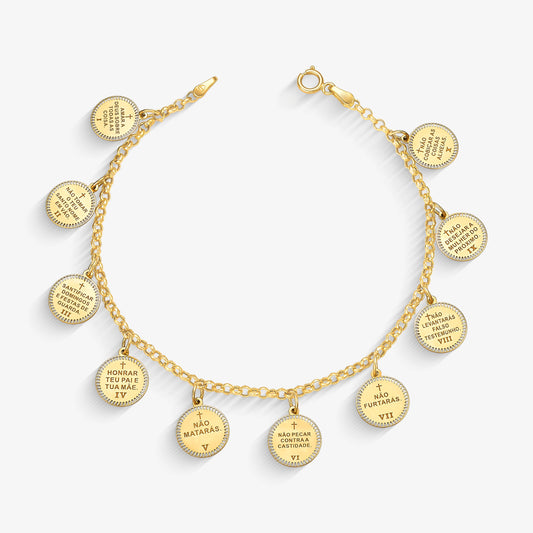 Pulseira Elo Português Dez Mandamentos em Ouro Amarelo 18K, 19cm