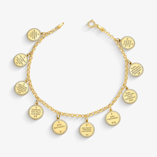 Pulseira Elo Português Dez Mandamentos em Ouro Amarelo 18K, 19cm