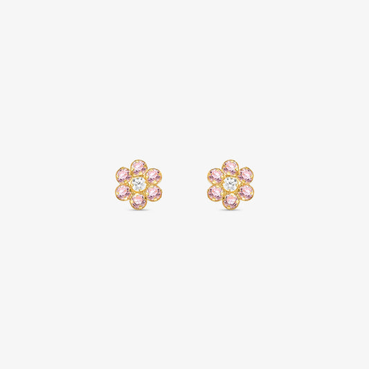 Brinco Flor Baby com Pedras Rosa em Ouro Amarelo 18K