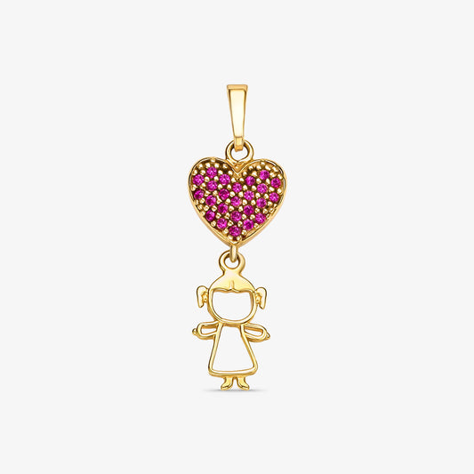 Pingente Menina com Coração com Pedras em Ouro Amarelo 18K