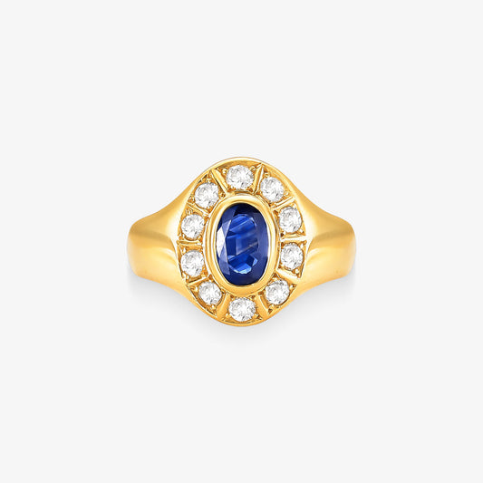 Anel Lótus com Safira Natural e Diamante em Ouro Amarelo 18K