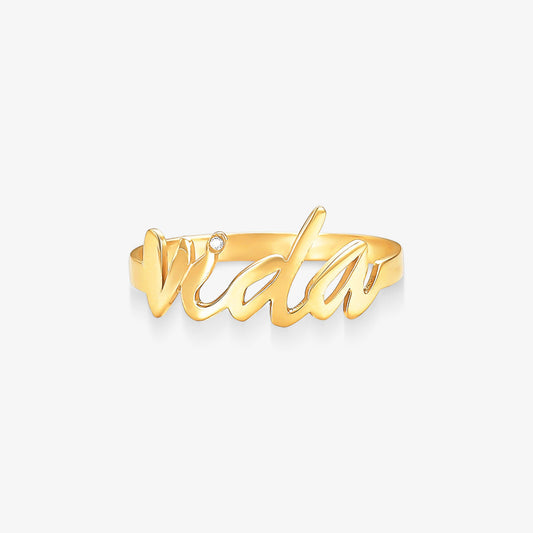 Anel Escrita Vida com Diamante em Ouro Amarelo 18K