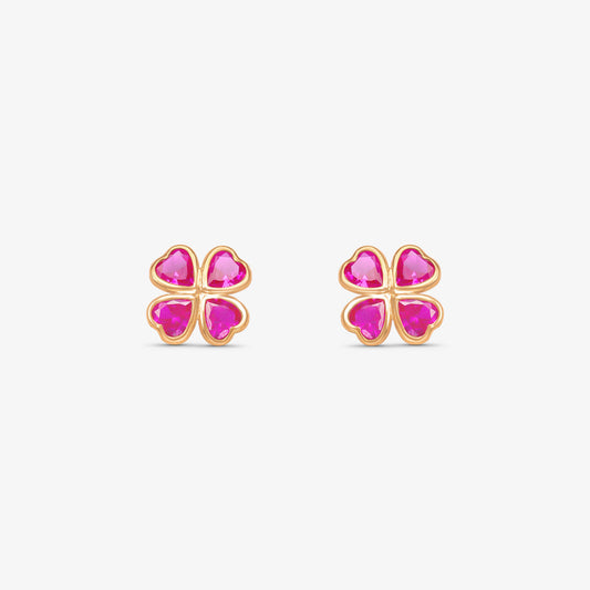 Brinco Trevo com Pedra Rosa Pink em Ouro Amarelo 18K