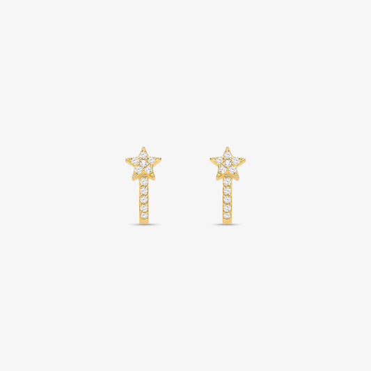 Brinco Meia Argola com Pedras Branca Estrela em Ouro Amarelo 18K