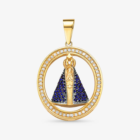 Pingente N.Sra Aparecida com Diamantes e Safiras Naturais em Ouro Amarelo 18K