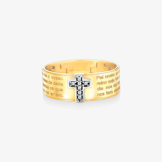 Anel Pai Nosso Cruz em Ouro Amarelo 18K