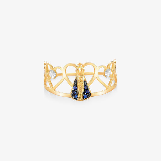 Anel N.Sra Aparecida Corações em Ouro Amarelo 18K
