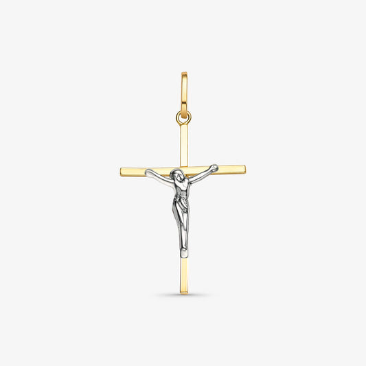 Pingente Cruz Quadrada com Cristo Bicolor em Ouro 18K