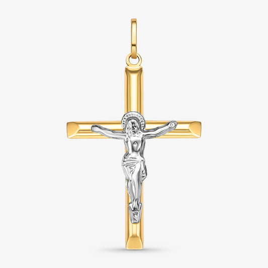 Pingente Cruz Grande Lisa com Cristo em Ouro Bicolor 18K