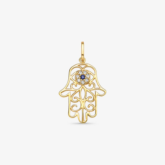 Pingente Mão de Fatima e Olho Grego com Diamantes e Safira Natural em Ouro Amarelo 18K