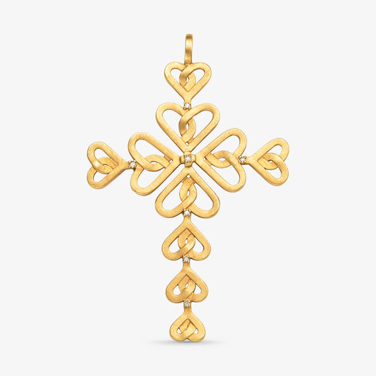 Pingente Cruz Corações com Diamantes em Ouro Amarelo 18K