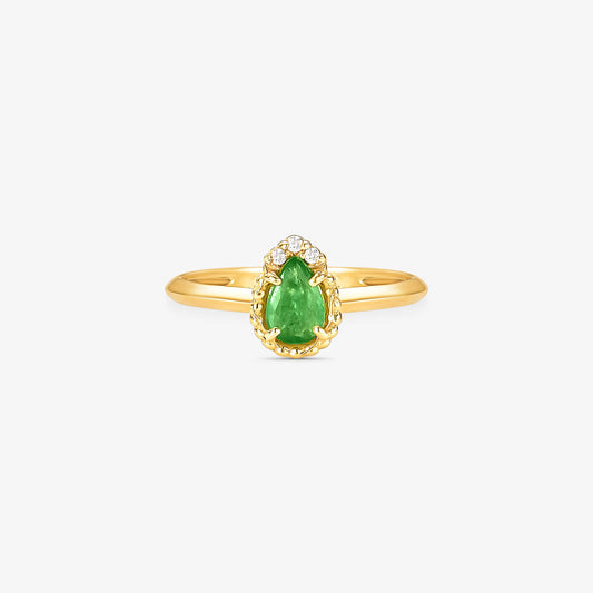 Anel V com Diamantes e Esmeralda Natura em Ouro Amarelo 18K