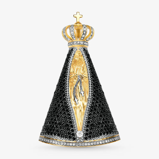 Pingente N.Sra Aparecida com Diamante e Safiras Naturais em Ouro Amarelo 18K