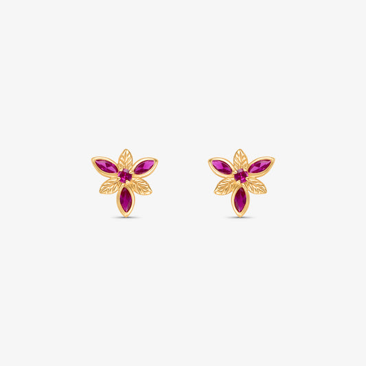 Brinco Flor com Pedras Rosa em Ouro Amarelo 18K