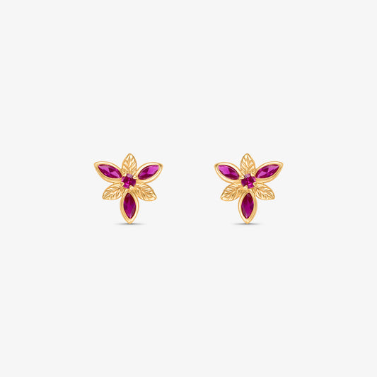 Brinco Flor com Pedras Rosa em Ouro Amarelo 18K