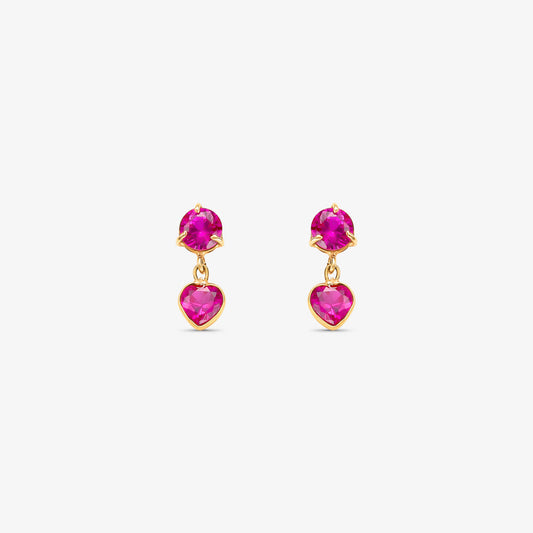 Brinco com Pedras Rosa Pendente em Ouro Amarelo 18K
