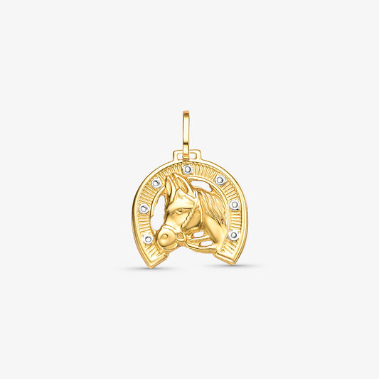Pingente Cavalo com Ferradura Pequeno em Ouro Amarelo 18K