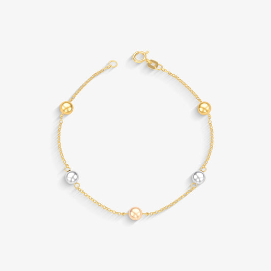 Pulseira Elo Português Bola 5mm Tricolor em Ouro Amarelo 18K, 19cm