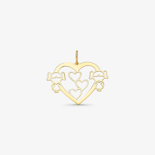 Pingente Coração Duas Meninas em Ouro Amarelo 18K