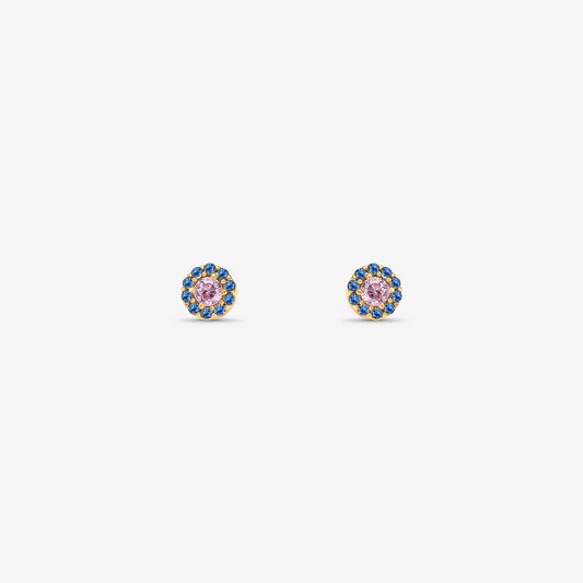 Brinco com Pedras Azul e Rosa em Ouro Amarelo 18K