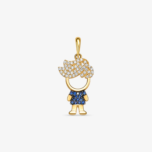 Pingente Menino Topete com Pedras Azul em Ouro Amarelo 18K
