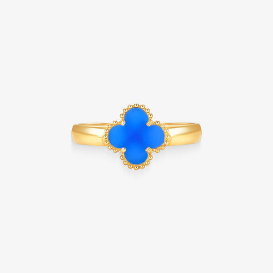 Anel Trevo Azul Escuro em Ouro Amarelo 18K