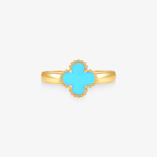 Anel Trevo Azul Claro em Ouro Amarelo 18K