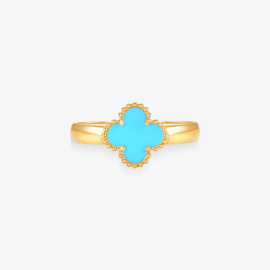 Anel Trevo Azul Claro em Ouro Amarelo 18K