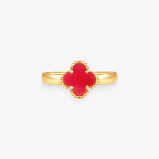 Anel Trevo Vermelha em Ouro Amarelo 18K