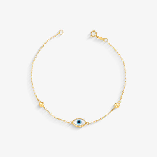 Pulseira Bola com Navete Olho Grego em Ouro Amarelo 18K, 3mm