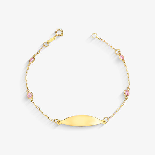 Pulseira Infantil Chapa Oval com Pedras Rosas em Ouro Amarelo 18K