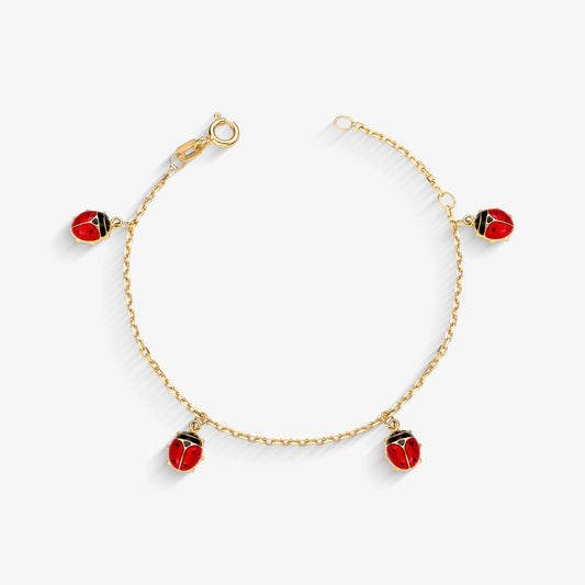 Pulseira Infantil 4 Joaninhas Forrada em Ouro Amarelo 18K