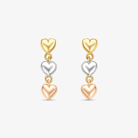Brinco Pendente Corações Tricolor em Ouro 18K