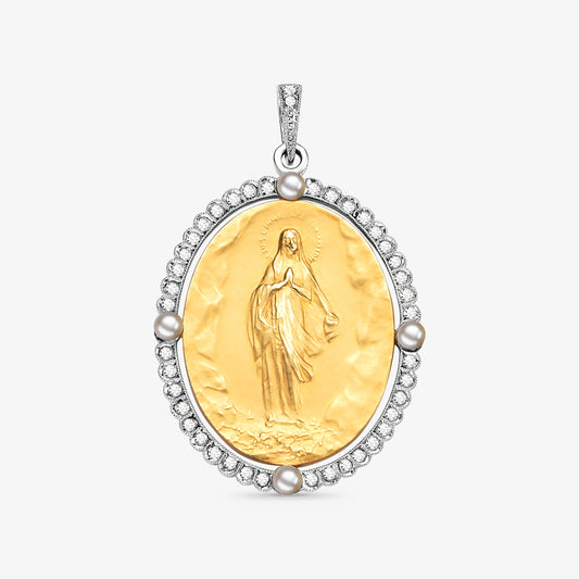 Pingente Santa Virgem Milagrosa com Diamantes e Pérolas Naturais em Ouro Amarelo 18K