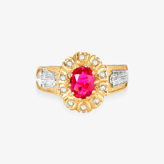 Anel Triunfo com Diamantes e Rubi Natural em Ouro Amarelo 18K