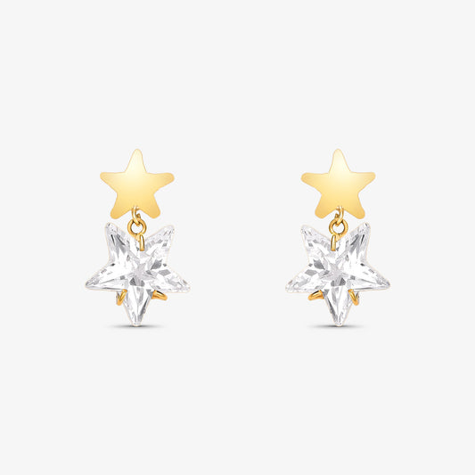 Brinco Estrela com Pedras Pendurado em Ouro Amarelo 18K