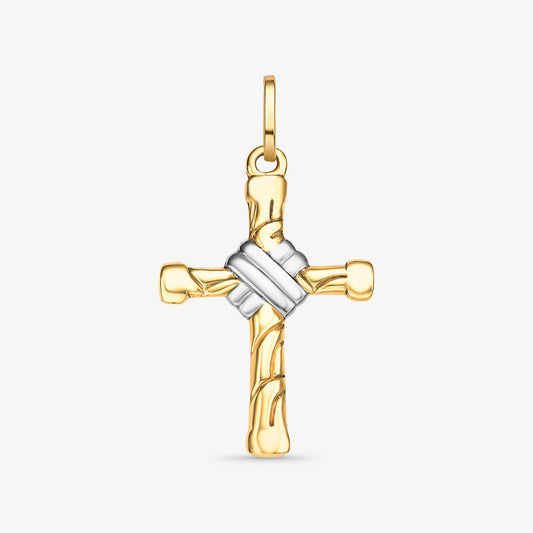 Pingente Cruz Bicolor Trabalhada em Ouro Amarelo 18K