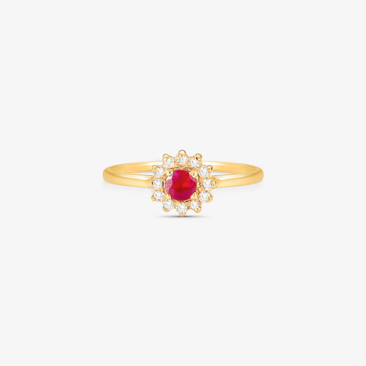 Anel Flor com Rubi Natural e Diamantes em Ouro Amarelo 18K