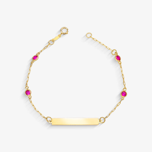 Pulseira Infantil Chapa com Pedra Rosa em Ouro Amarelo 18K