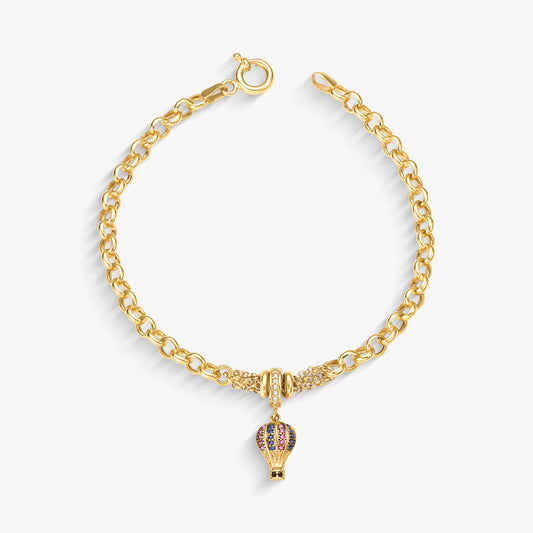 Pulseira Elo Português Balão com Pedras em Ouro Amarelo 18K, 19cm